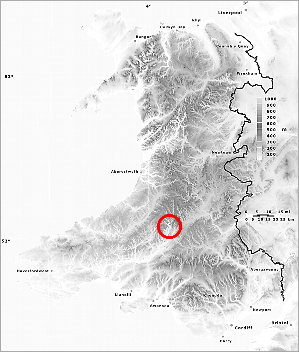 Topogaphical map showing the extent of upland Wales